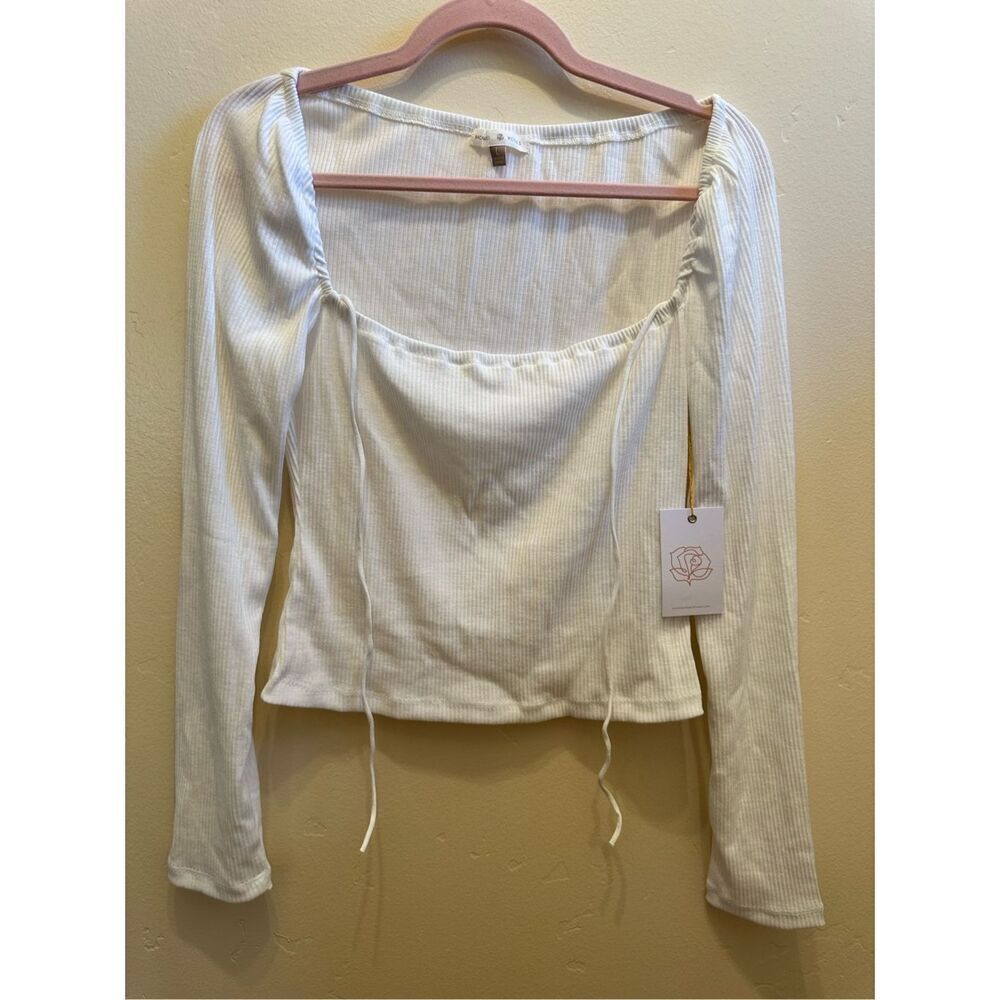Backyard Roses White Ribbed Cross Strap Long Sleeve Alice Top Size Large - Picture 2 of 4